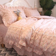 สีชมพูสด Pure ผ้าฝ้าย ชุดเครื่องนอนลายดอกไม้สี่ชิ้น สไตล์เกาหลี Country Life ผ้าปูที่นอนผ้านวมสําหรั