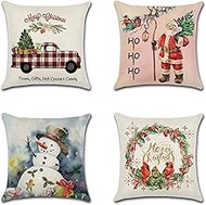 Cushion Covers, 65x65cm Set of 4, Christmas Snowman Wreath Soft Velvet Throw Pillow Cases 26x26in, Square Sofa Cushion Cover with Invisible Zipper for Couch Bed Car Bedroom Home Decor