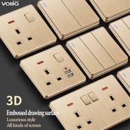 Vollia Rimless 1/2/3/4 Gang 1/2 Way Wall Switch 220V Electrical Singapore Switches and Sockets Panel Gold Modern 13amp Universal Wall Socket 220V Switch Off/on Lamp for Lighting 20A Power Water Heater Switch 3 Pin Plug with USB Universal Wall Outlet
