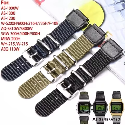 18mm Nylon Watch Strap for Casio W800H F91W Black Green Bracelet F84 F105/108/A158/168 AE1200/1300 W