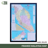 ZENi Malaysia Map WIth Frame | Framed Office Malaysia Map Print | Large Format 91.5cm x 61cm