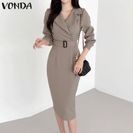 VONDA ชุดเดรสแม็กซี่คอวีสีทึบสำหรับผู้หญิงเสื้อแขนยาวลายขวางลำลอง (ลำลองเกาหลี)