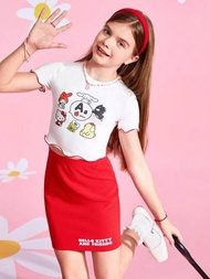 HELLO KITTY AND FRIENDS | SHEIN Tween女孩字母與卡通圖形對比萵苣邊t恤與裙子