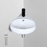 bathivy Corner Sink Wall Mounted Bathroom Sink with Pop-up Drain Wall Mount Bathroom Vessel Sink Wall Hung Small Sinks for Tiny Bathrooms White Ceramic Porcelain Oval Countertop Mini Wall Vanity Sink