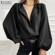ZANZEA เสื้อเบลาส์แฟชั่นสำหรับผู้หญิงเสื้อคอกลมพองแขนยาวแบบลำลองใหม่เสื้อเสื้อทรงหลวมติดกระดุม #15