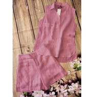 Đồ bộ đi chơi Linen bột Premium sát nách cổ bẻ kèm quần sóc SLINEN chất vải Linen bột mềm thích hợp 