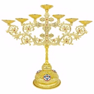 cod Eastern Orthodox 7 Candle Zinc Alloy Candelabra 12 Tall 13.6 Base Gold Vintage Design Religious