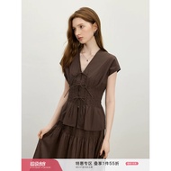 Versace Lann Coffee Color Commuter v-Neck Short-Sleeved Narrow-Waisted Shirt Women 26 Summer Bow Lac