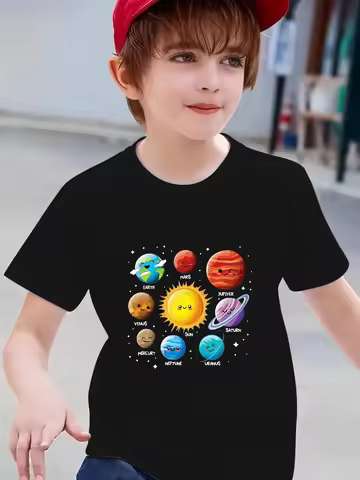 Boys Cosmic Adventure Space Pattern Print Summer Tshirt Short Sleeve Creativity Casual Wear for Summ