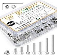 VGBUY 750pcs M2.5 Screw Kit, M2.5 x 4/6/8/10/12/16/20mm Hex Socket Head Cap Screws Bolts Nuts Washer
