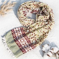 手織純綿絲巾/手工木刻印植物染圍巾/草木染棉絲巾-流蘇埃及花朵