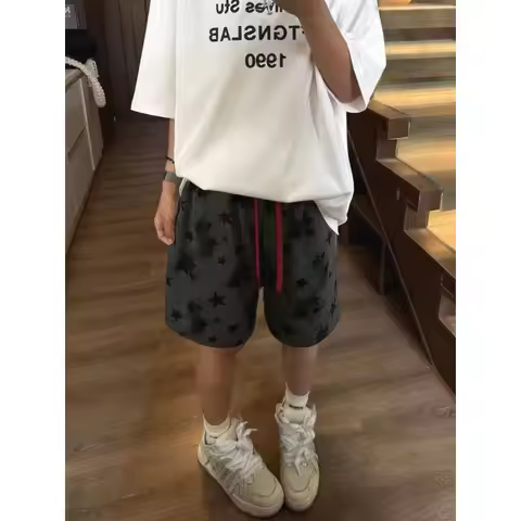 Mens Elastic Drawstring Waist All Over Star Print Loose Fit Casual Sports Shorts