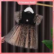Princess Kesli Official Store 0-9 Years Girls Short Sleeve Dress Glitter Little Star Mesh Party Dres