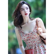 ชุดเดรสยาวคลุมเข่าลายดอกไม้สีแดงสไตล์วินเทจสไตล์ฝรั่งเศส JUJU ชุดเดรสยาวคลุมเข่าสายเดี่ยวสำหรับฤดูร้