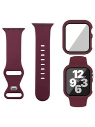 2入組紅色可愛柔軟矽膠運動手錶帶和舒適可調節防水手腕帶，帶鋼化膜手錶保護套，適用於Apple Watch 38/40/41/42/44/45/49mm手錶帶和Apple Watch Series Ultra/SE/9/8/7/6/5/4/3/2/1
