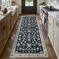 Tangsoo Black 2x5 Rug Runner, Washable Runner Rug for Hallways Non Slip, Floral Vintage Soft Low Pil