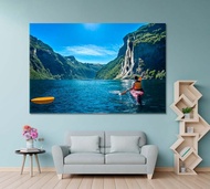 การเดินทาง | มรดกโลก UNESCONorway Geiranger Fjord น้ำตกเจ็ดพี่น้องพิมพ์บนผ้าใบศิลปะพายเรือคายัคผู้ชา