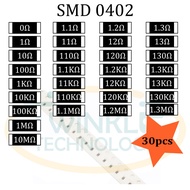 Resistor SMD 0402 0, 1,1.1ohm, 1.2ohm, 1.3ohm, 10ohm, 11ohm, 12ohm, 13ohm, 100ohm,100K, 110K, 120K, 130K 1Mohm 5% 30 pcs