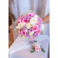 Berryman Buket Pernikahan Korsase Bunga Mawar Segar Wedding Bouquet Corsage Flowers Bride Putih Pink