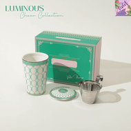 Violet Flamingo Luminous Cheer Collection | จานเซรามิกขอบทอง / แก้วชาพร้อมที่กรอง 320ml | กล่องของขว