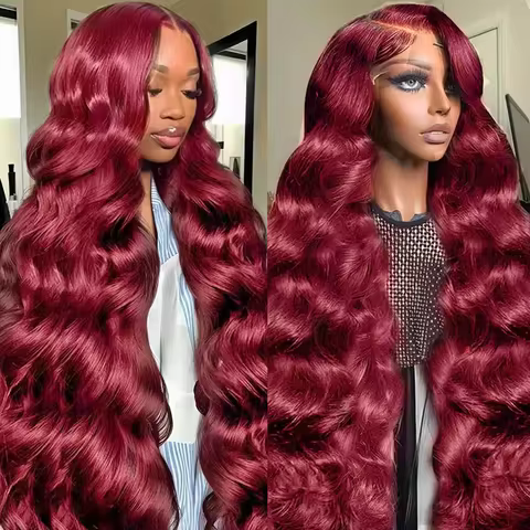 46 Inch 99J Burgundy Body Wave Lace Frontal Wig Human Hair 200 Density 13x4 HD Transparent Lace Huma