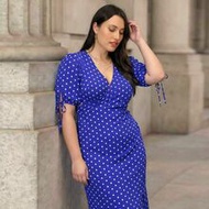 ELLERISSA Plus Size Elegant Blue Polka Dot Glamorous Cross V-Neck Waist Gathered Full Length Tight W
