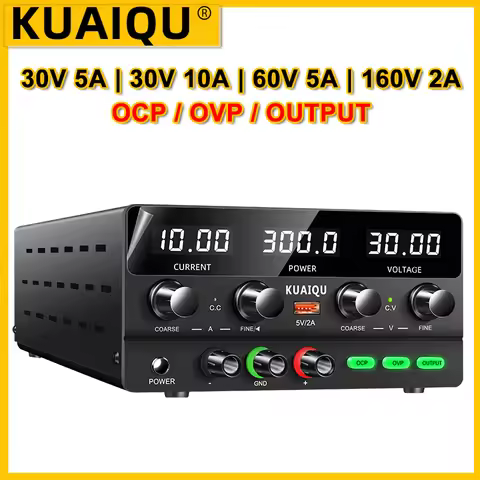 KUAIQU 30V 10A 300W Lab DC Power Supply 60V 5A 160V 2A Adjustable Bench Source OCP/OVP/OUTPUT Repair