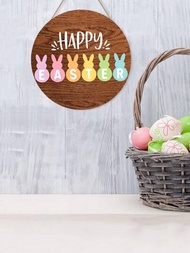 1入組「happy Easter」木牌門前裝飾,可愛的兔子農舍圓形掛牌,適用於春季家庭派對室內和室外裝飾