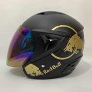 Helm pria dewasa  JP 13 Red Bull Gold Hitam Doff - Kaca Pelangi Rainbow / Iridium / Silver / Clear -