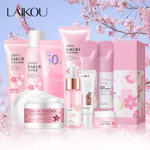 9pcs Facial Products Kit Sakura Skin Care Set Facial Cleanser Face Cream Sunscreen Facial Mask Eye C