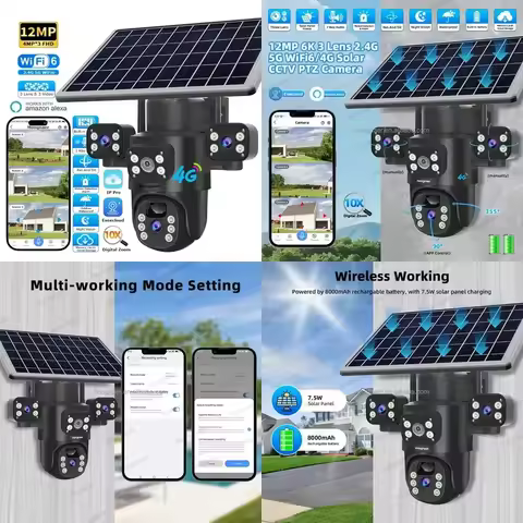 12MP 2.4G 5G WiFi6 Wireless Solar Power PTZ Camera Eseecloud 3 Lens Outdoor WiFi Security 4G Sim Car