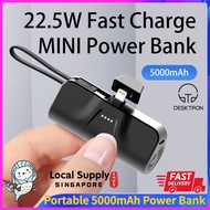 DESKTRON Portable Power Bank 5000mAh, Mini Power bank Capsule 22.5W Portable Charger Type C & Lighti