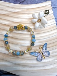 藍晶石 藍晶灰月光共生 白水晶 鈦晶 999鍍金九尾狐貔貅