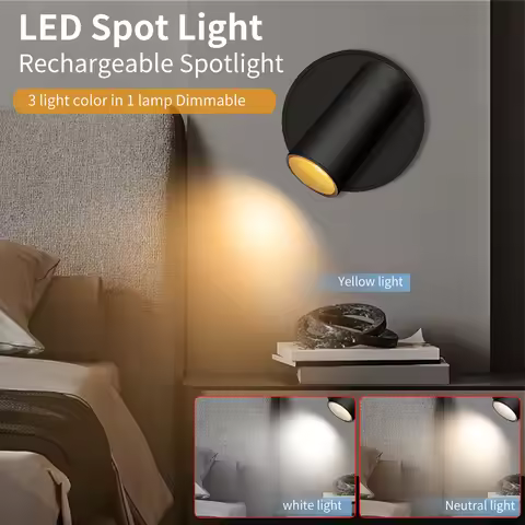 3 Colors LED Spotlight Magnetic Wall Light Dimmable Type-C Rechargeable Wireless Reading Light with 