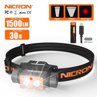 NICRON Flashlight H25 Headlamp 1500LM High Brightness Spot/Flood Double-Swich LED Flashlight LED Lig