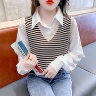 baggy shirt women baggy shirt knitwear woman baggy Women's Chic Stripe Polo Collar Top - Autumn New 