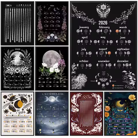 Moon Phase Calendar 2026 Wall Art,Celestial Moon Cycle Chart Canvas Painting,Minimalist Witch,Wicca,