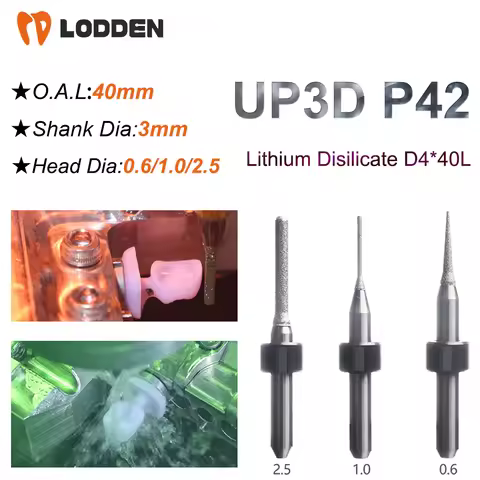 UP3D P42 Lithium Disilicate Milling Bur D4 Shank 40MM Length Cutting Dental Glass Ceramic 0.6/1.0/2.