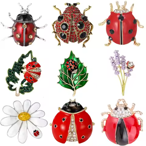 Rhinestone Seven Star Ladybug Brooches for Women Unisex Enamel Insect Pins Banquet Party Backpack Gi