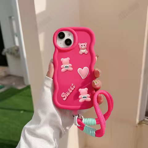 Cute Tide Bear Heart+Lanyard phone Case For OnePlus 6 6T 7T Plus 8T 9R 10R 11R 12R 11 12 13 6 7 Nord