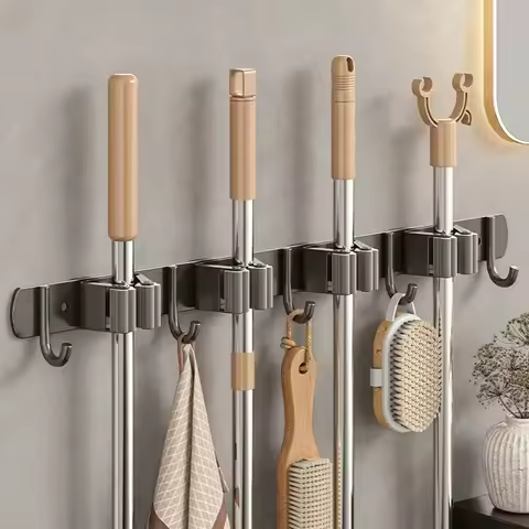 Wall Mounted Stainless Steel Mop Holder No Drilling Mop Broom Organizer Storage Rack Porous Broom Ha