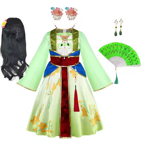 Kids Green Floral Hanfu Dress Chinese Mulan Costume with Full Accessories Children Cosplay Outfit fo