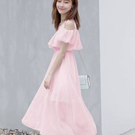 2023 Summer and Autumn Korean Chiffon Sweet Fairy Long Shoulderless Beach Bohemian Fresh Solid Color