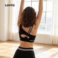 (Fashion_2) Lovito Sporty Bra Plain Contrast Tape Sports Push Up High Support & Breathable Yoga Runn