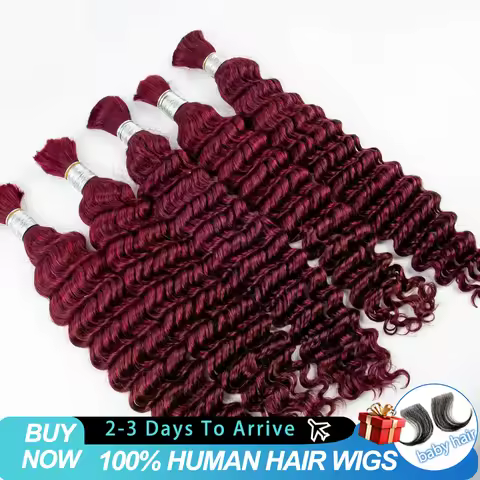 100% Human Hair 99J# Burgundy Deep Wave Human Hair Bulk For Boho Braids Water Wave Virgin Hair Eexte