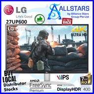 (ALLSTARS : We are Back / PROMO) LG 27UP600 / LG 27UP600-W 27 inch UHD IPS Monitor / 4K 3840x2160, 10bits color, HDR10, DisplayHDR400, FreeSync, DP 1.4 x1, HDMI 2.0 x2, Headphone Out, VESA Mount Compatible 100x100mm (Warranty 3years with LG SG)