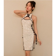 GC49 White Velvet Cheongsam Cosplay Costume With Floral Pattern Chinese Collar Side Tie Comes With M