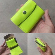 螢光黃真皮極簡小短夾 紙鈔不折疊設計 栃木皮革製作