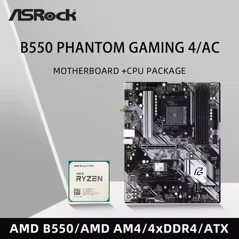 ASRock B550 Phantom Gaming 4/AC Motherboard Set Kit with Ryzen 5 5500 CPU 4xDDR4 4533MHz M.2 NVME HD