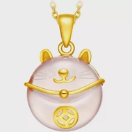 CHOW TAI FOOK 999.9 Pure Gold Pendant- Pink Chalcedony Lucky Cat R19577